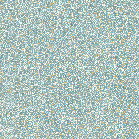 Patterned fabric swatch with swirls and stars on a teal background