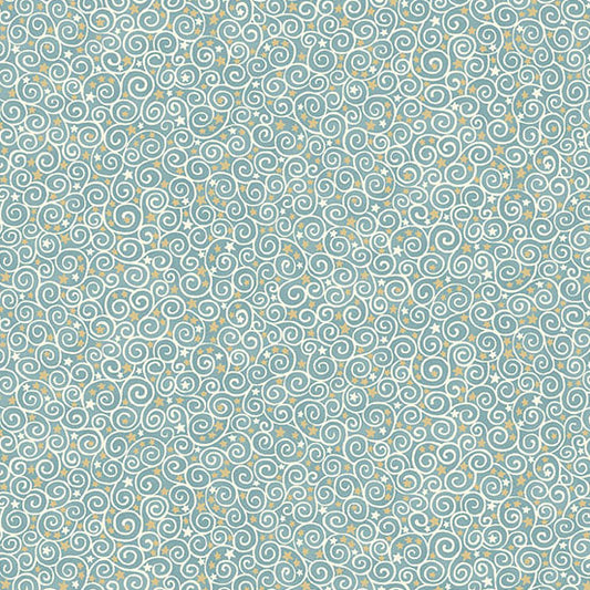 Patterned fabric swatch with swirls and stars on a teal background
