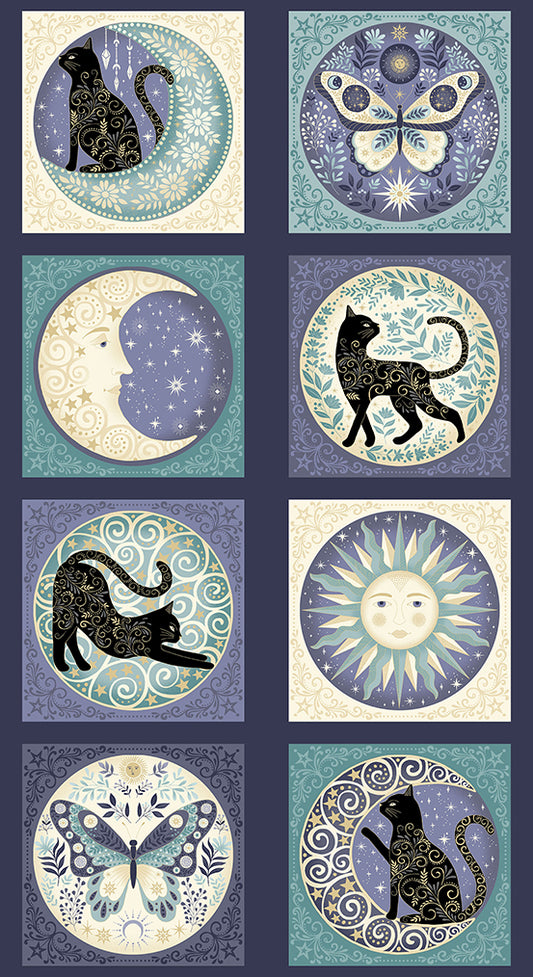 Grid of nine circular designs featuring cats, butterflies, and celestial elements on a blue background.