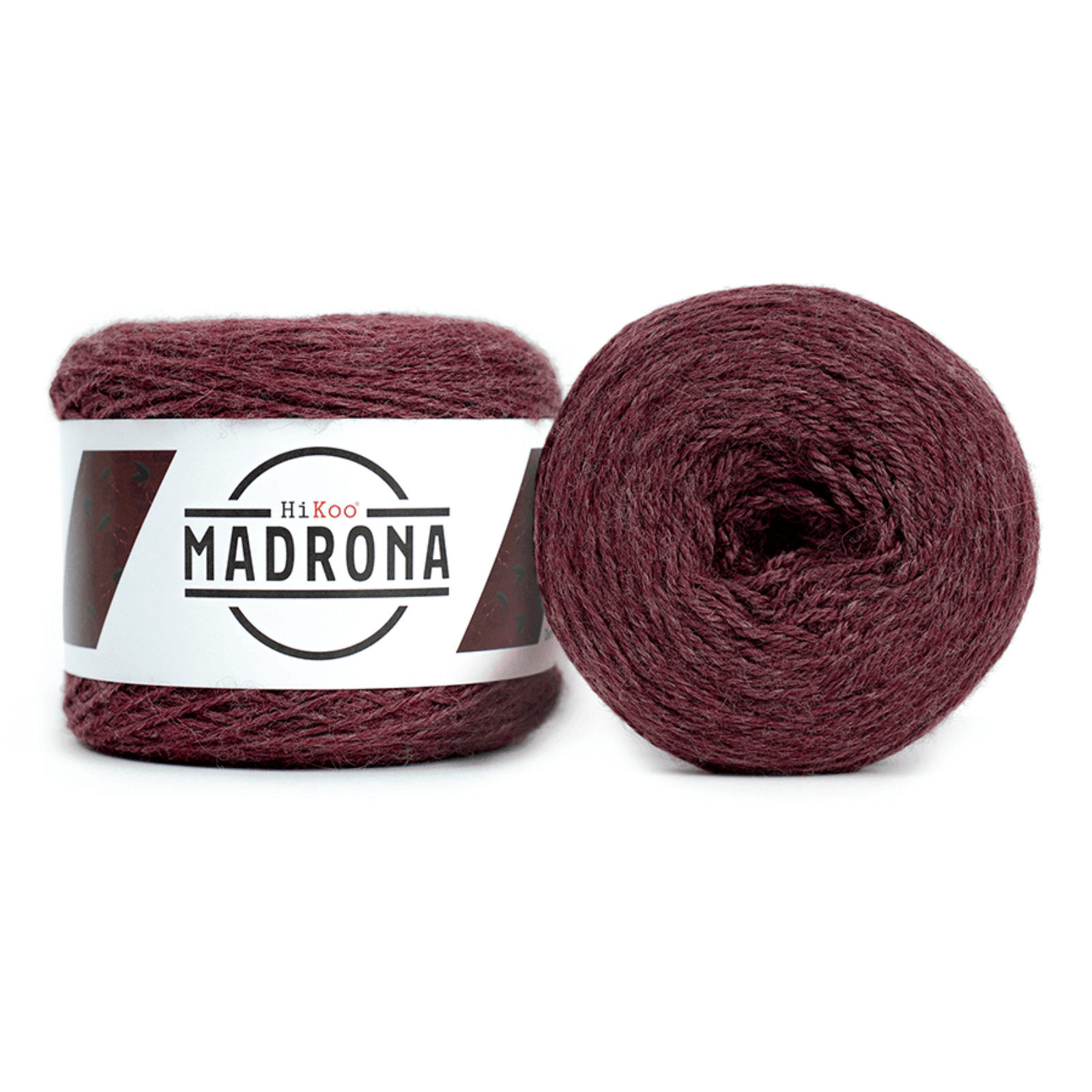Two skeins of yarn in a deep burgundy color, with one skein wrapped in a white paper label that reads 'Hi.KOO MADRONA'.