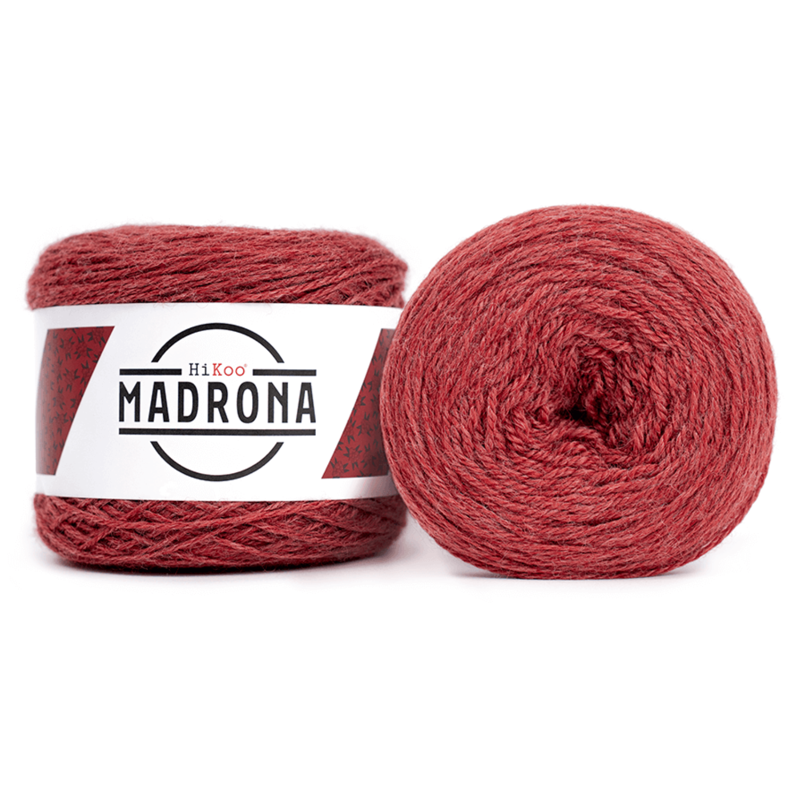 Red yarn ball with 'HiKoo Madrona' label on a white background