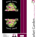 A fabric tote bag design shown flat against a white background, with printed artwork reading 'Market Garden' and a floral vegetable motif on a black body, plus a magenta side panel and printed product details along the right edge.