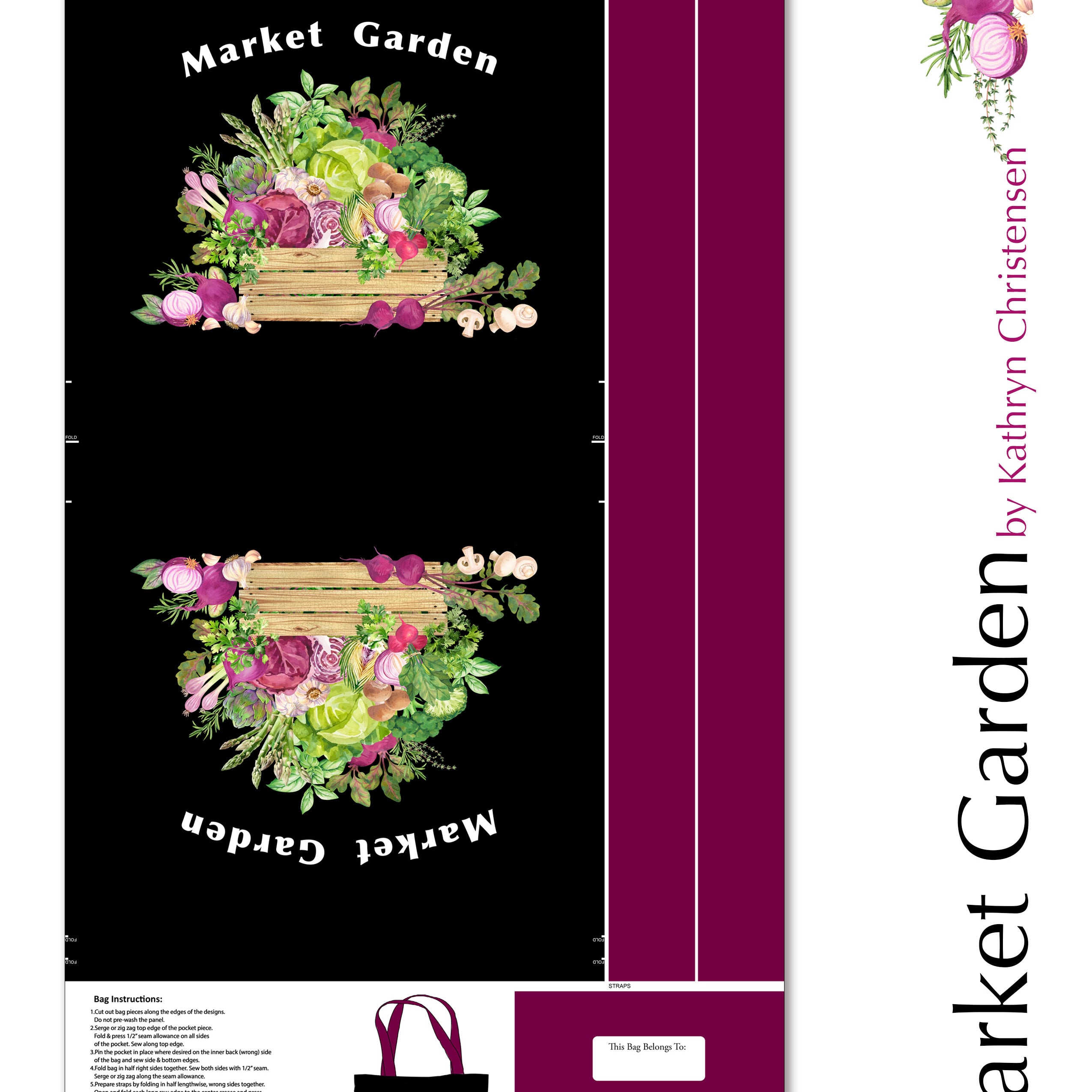 A fabric tote bag design shown flat against a white background, with printed artwork reading 'Market Garden' and a floral vegetable motif on a black body, plus a magenta side panel and printed product details along the right edge.
