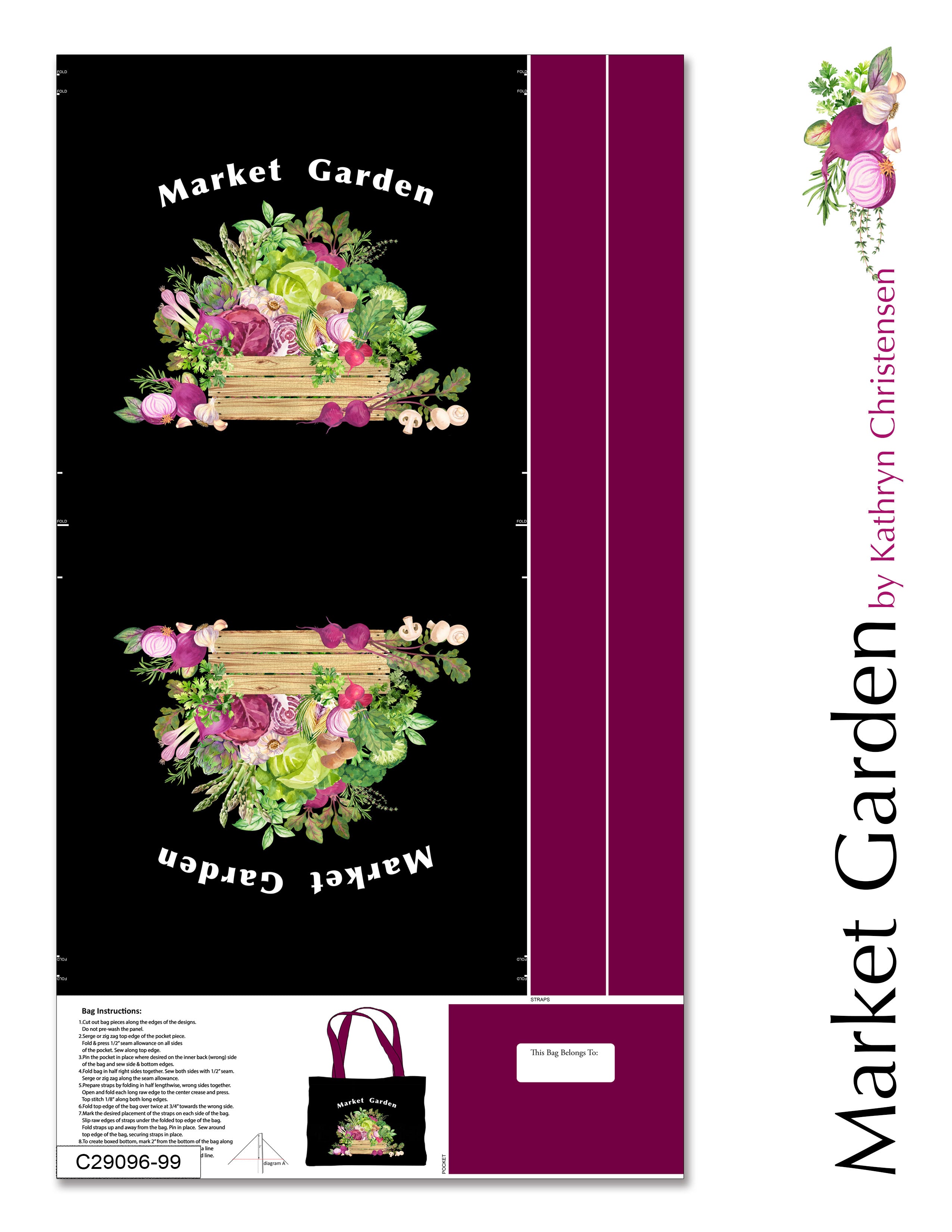 A fabric tote bag design shown flat against a white background, with printed artwork reading 'Market Garden' and a floral vegetable motif on a black body, plus a magenta side panel and printed product details along the right edge.