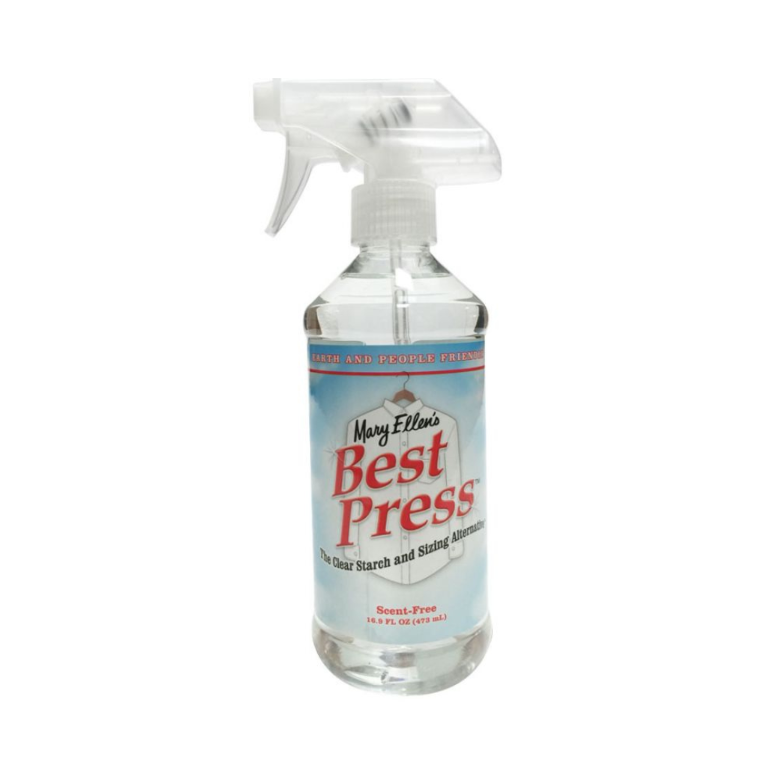 A clear plastic spray bottle of Mary Ellen's Best Press Hair Rinsing Agent with a white trigger sprayer and a light blue label with red and black text, isolated on a white background.