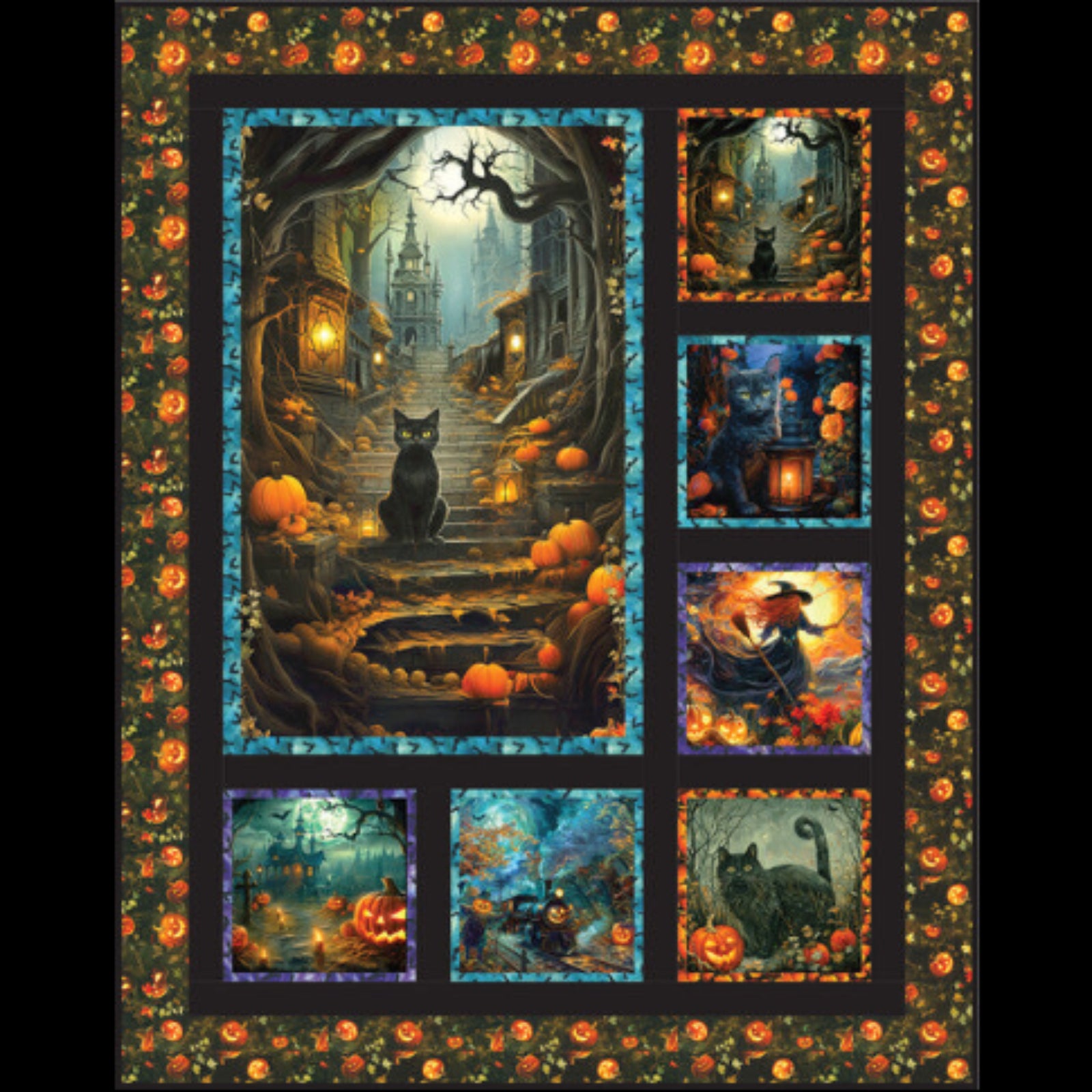 Halloween-themed quilt with pumpkins, cats, and a witch on a broomstick.