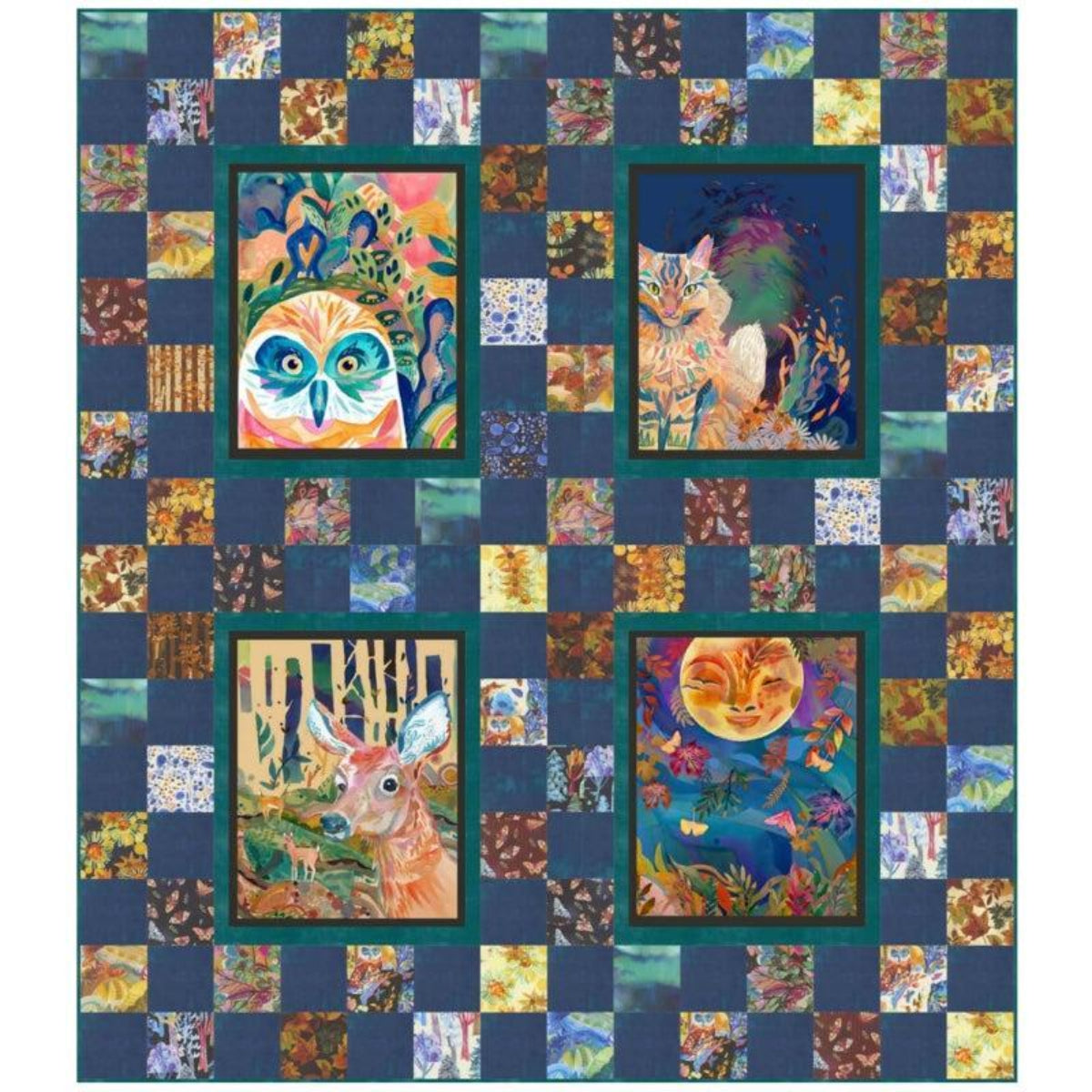 Quilt kit with colorful animal-themed blocks on a blue checkered background