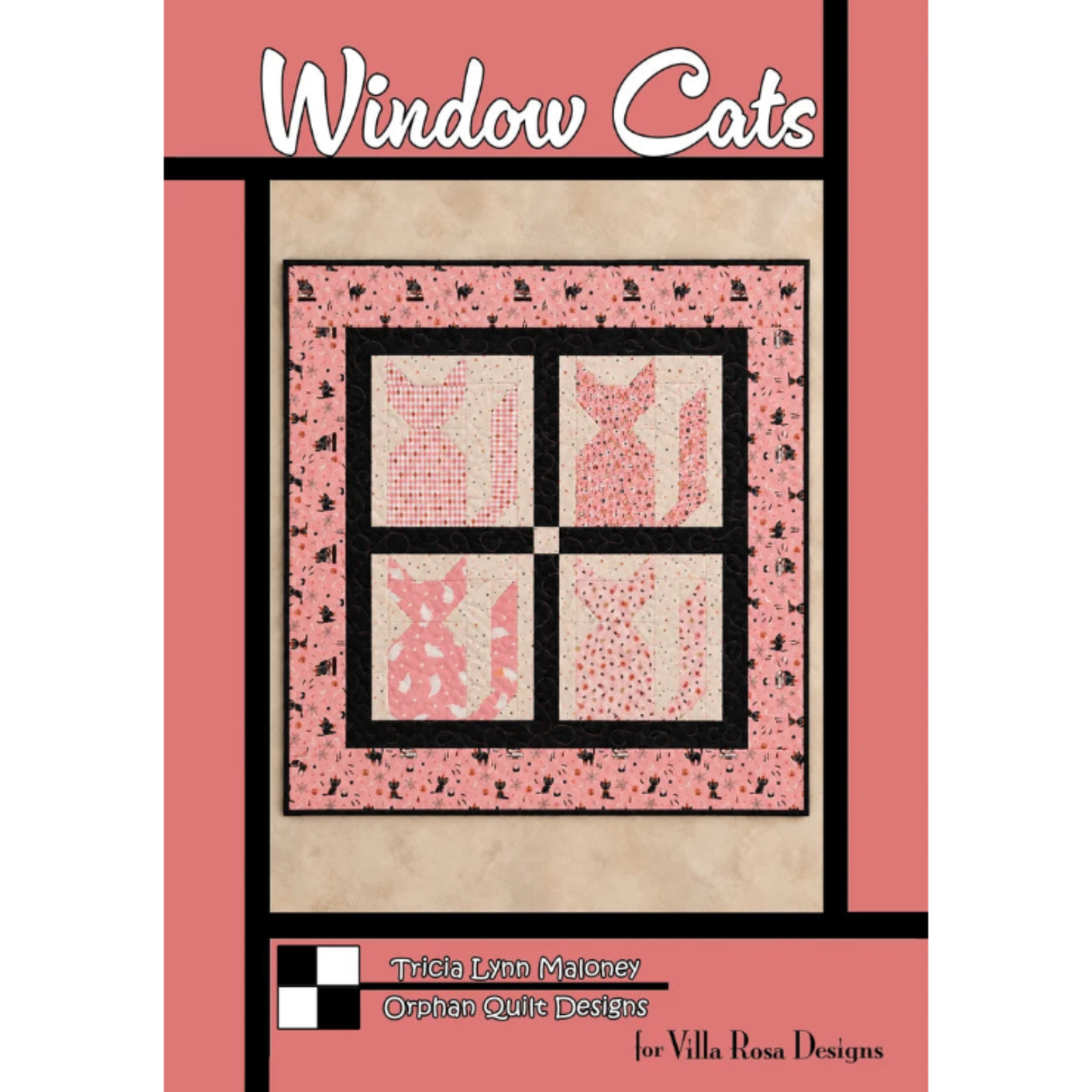 A quilt pattern cover titled "Window Cats" with a central quilt design showing four pink-and-cream cat motifs in a windowpane layout. The cover includes the text "Window Cats" at the top, "Trista Lynn Maloney" and "Orphan Quilt Designs" near the bottom left, and "for Villa Rosa Designs" at the bottom right.