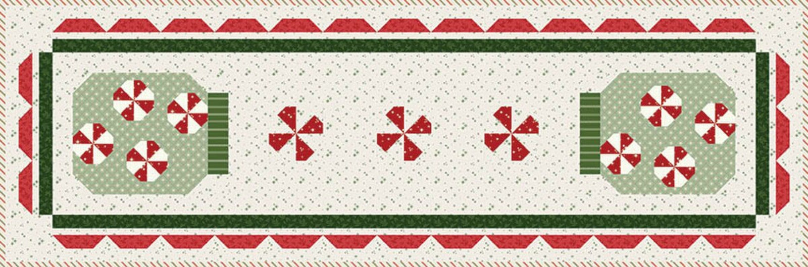 A quilt block pattern featuring a central cream-colored field with small red and green floral motifs, flanked by two green octagonal panels with red-and-white striped candy canes, all framed by a red and green zigzag border.