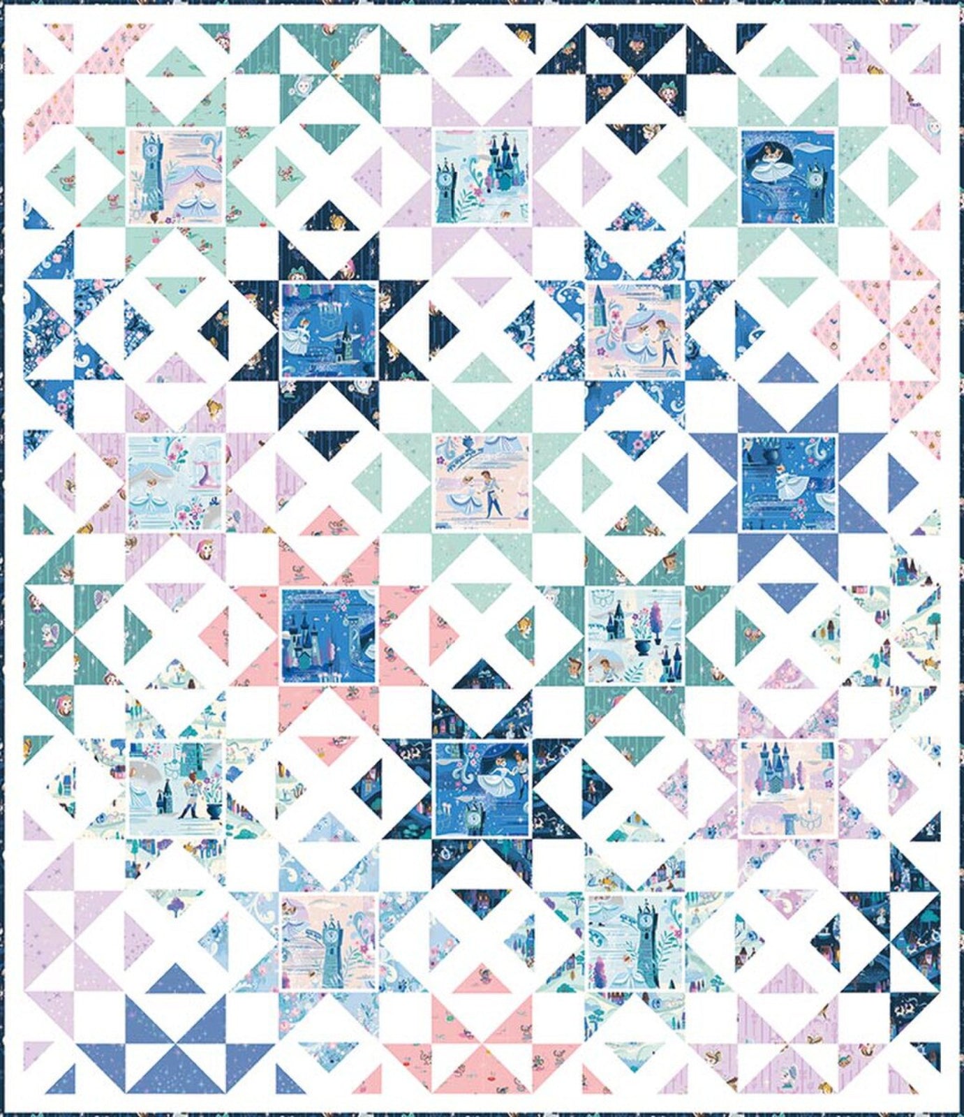 A square quilt pattern featuring a repeating geometric block design with white X-shaped triangles, light blue and mint green triangles, and small printed fabric squares with blue and pink winter-themed illustrations.