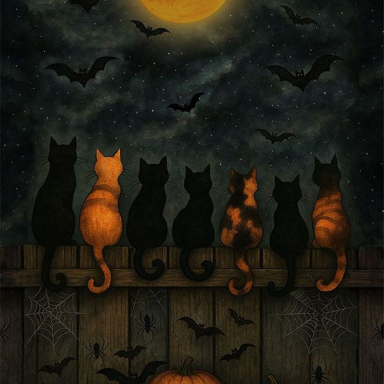 Halloween-themed illustration with cats, pumpkins, and bats against a dark sky with a full moon.