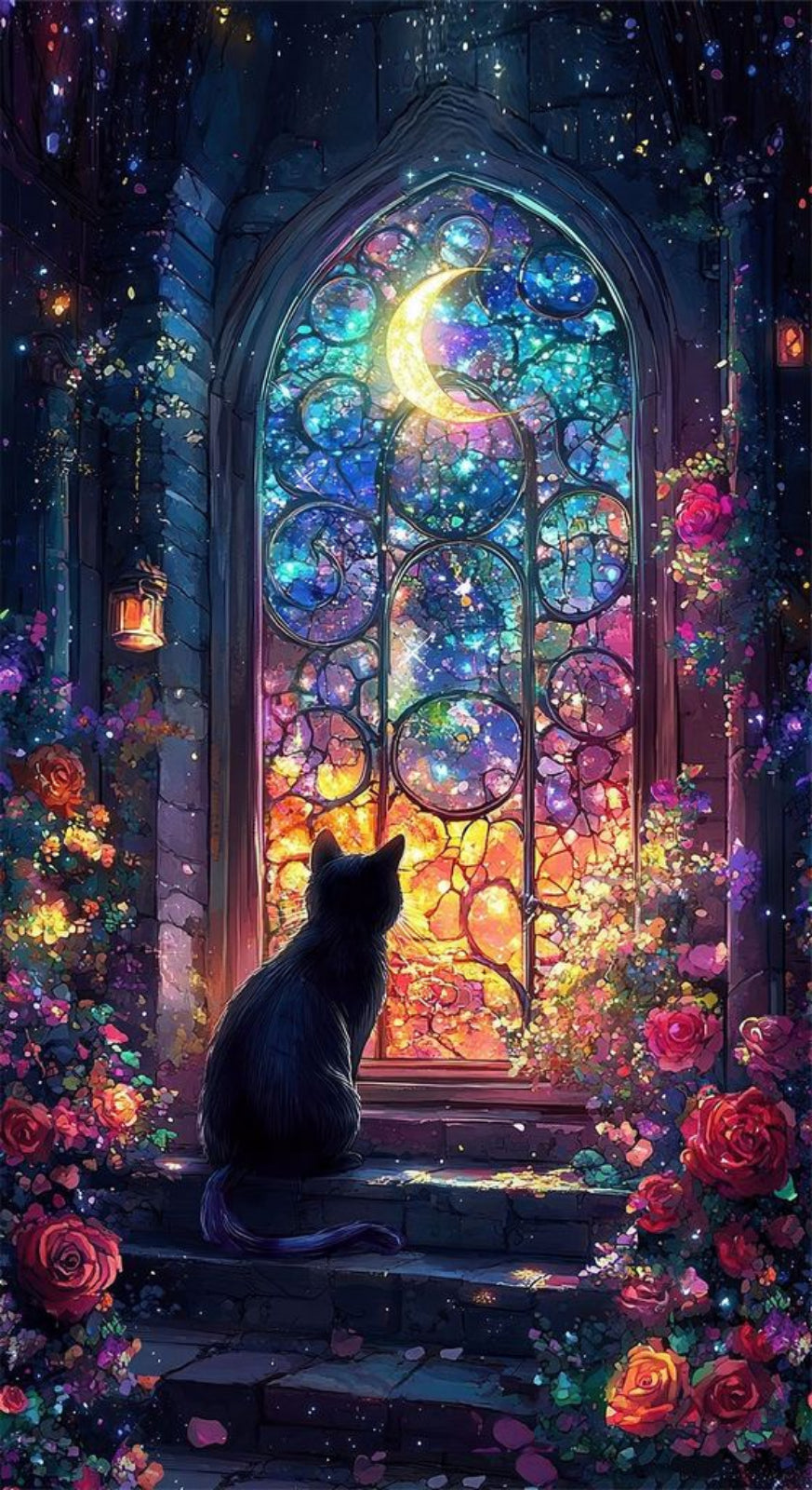 A fantasy-style scene of a black cat sitting on stone steps in front of a large stained-glass window, gazing upward at a glowing crescent moon. The window is filled with swirling blue, purple, pink, and gold light, surrounded by roses and magical glow in the dark details.