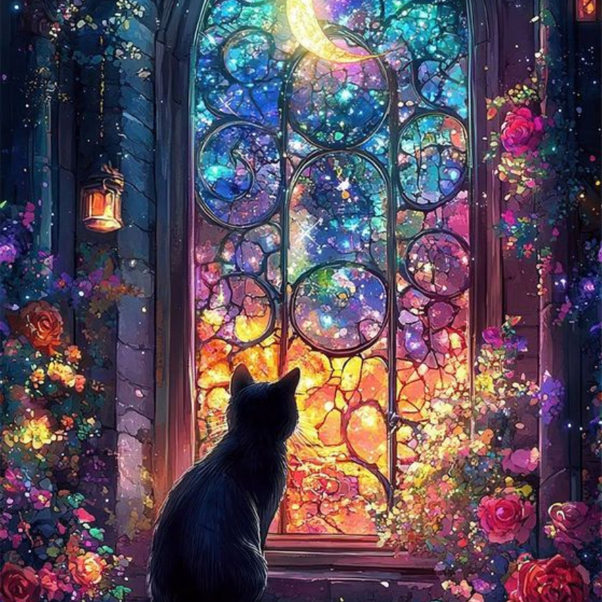 A fantasy-style scene of a black cat sitting on stone steps in front of a large stained-glass window, gazing upward at a glowing crescent moon. The window is filled with swirling blue, purple, pink, and gold light, surrounded by roses and magical glow in the dark details.