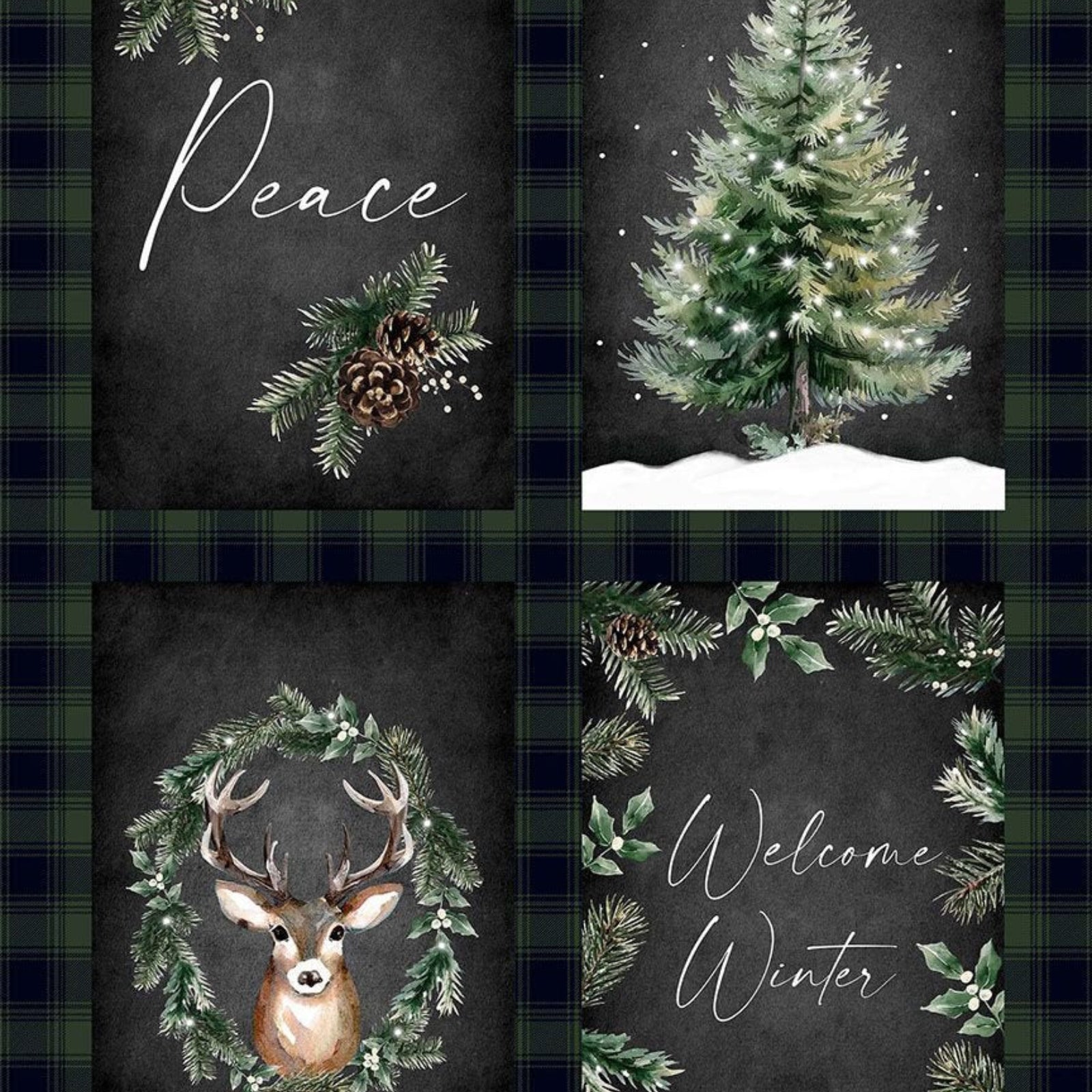 Decorative panel with winter-themed elements including a tree, deer, and pinecones on a black background.