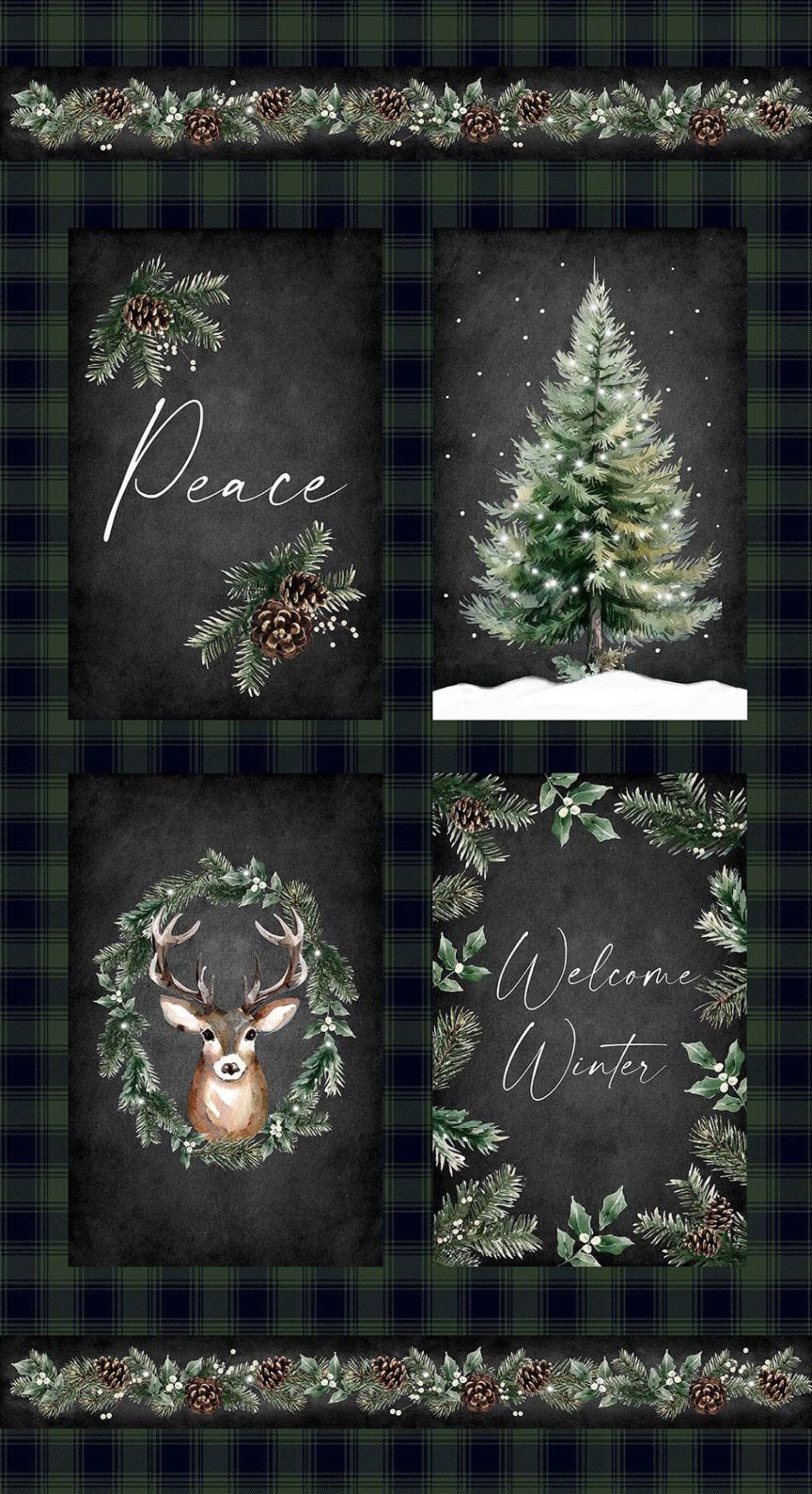 Decorative panel with winter-themed elements including a tree, deer, and pinecones on a black background.