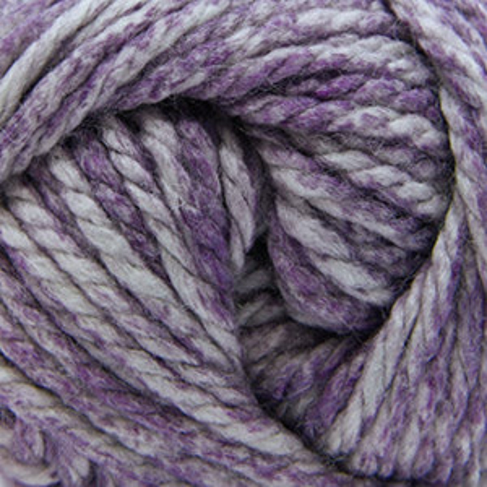 A close-up of twisted yarn strands in a heathered mix of lavender purple and light gray.
