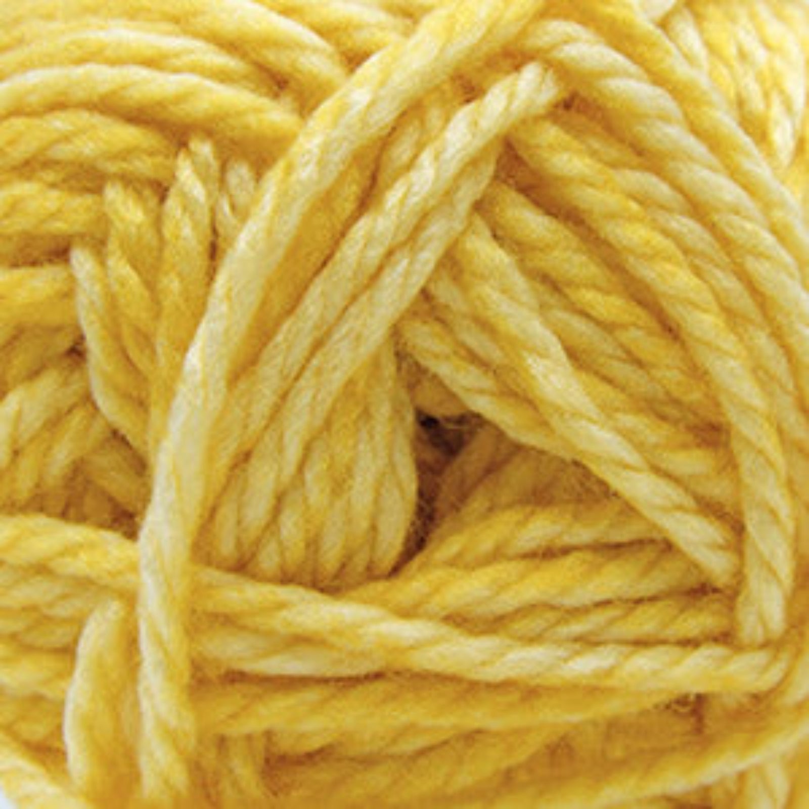 A close-up of bright yellow yarn strands twisted into a ball, filling the entire frame.