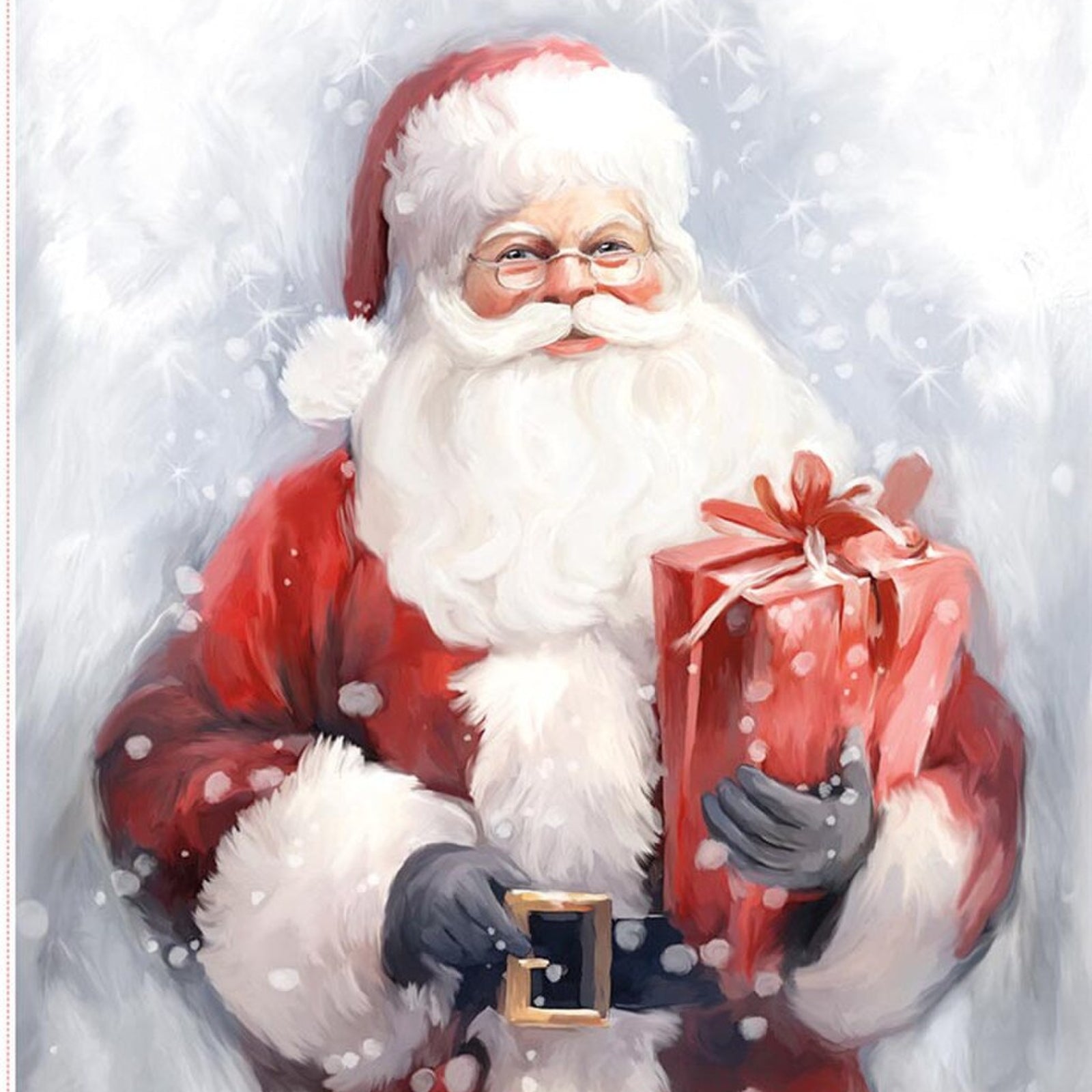 Illustration of Santa Claus holding a gift in a snowy background