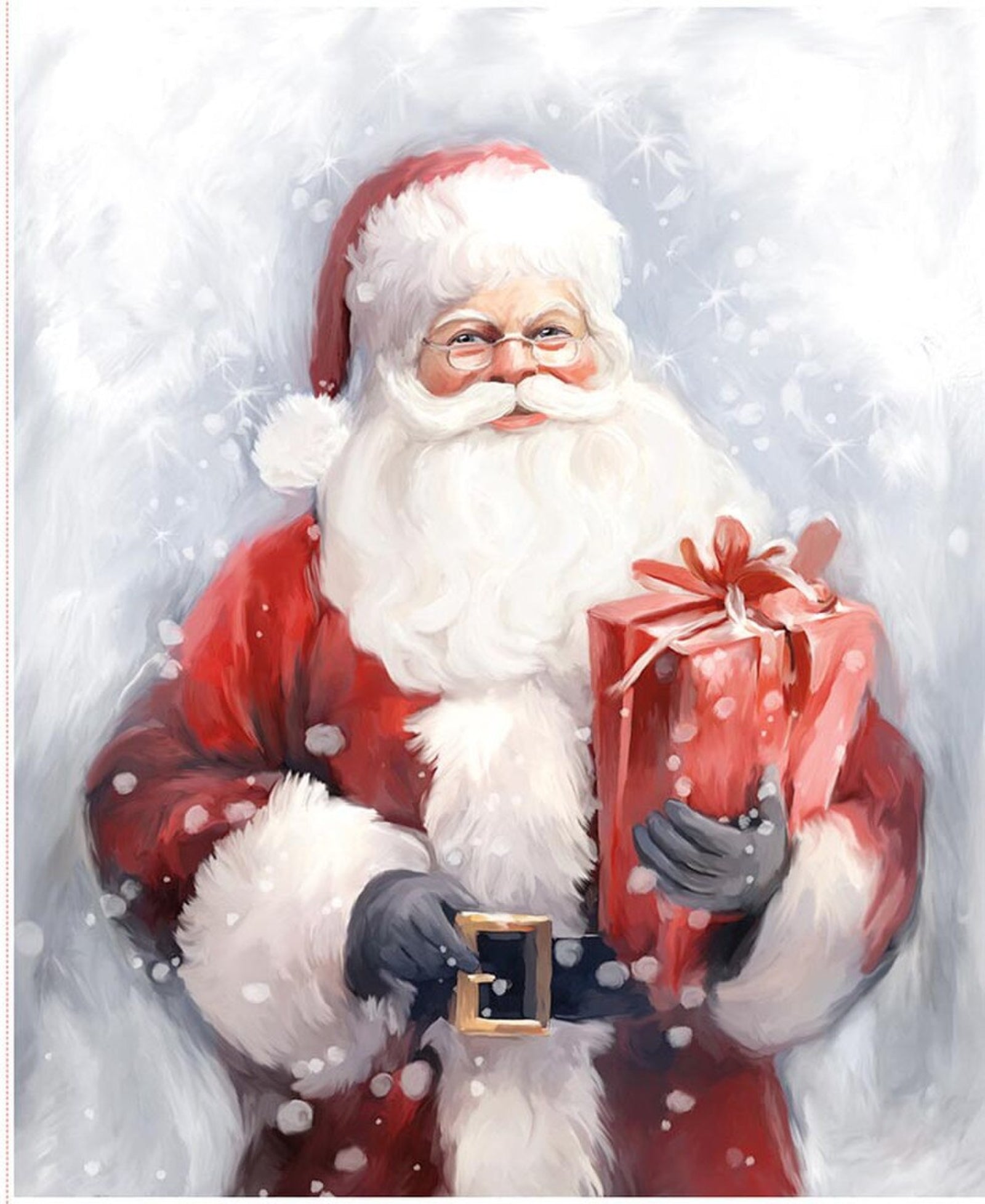 Illustration of Santa Claus holding a gift in a snowy background