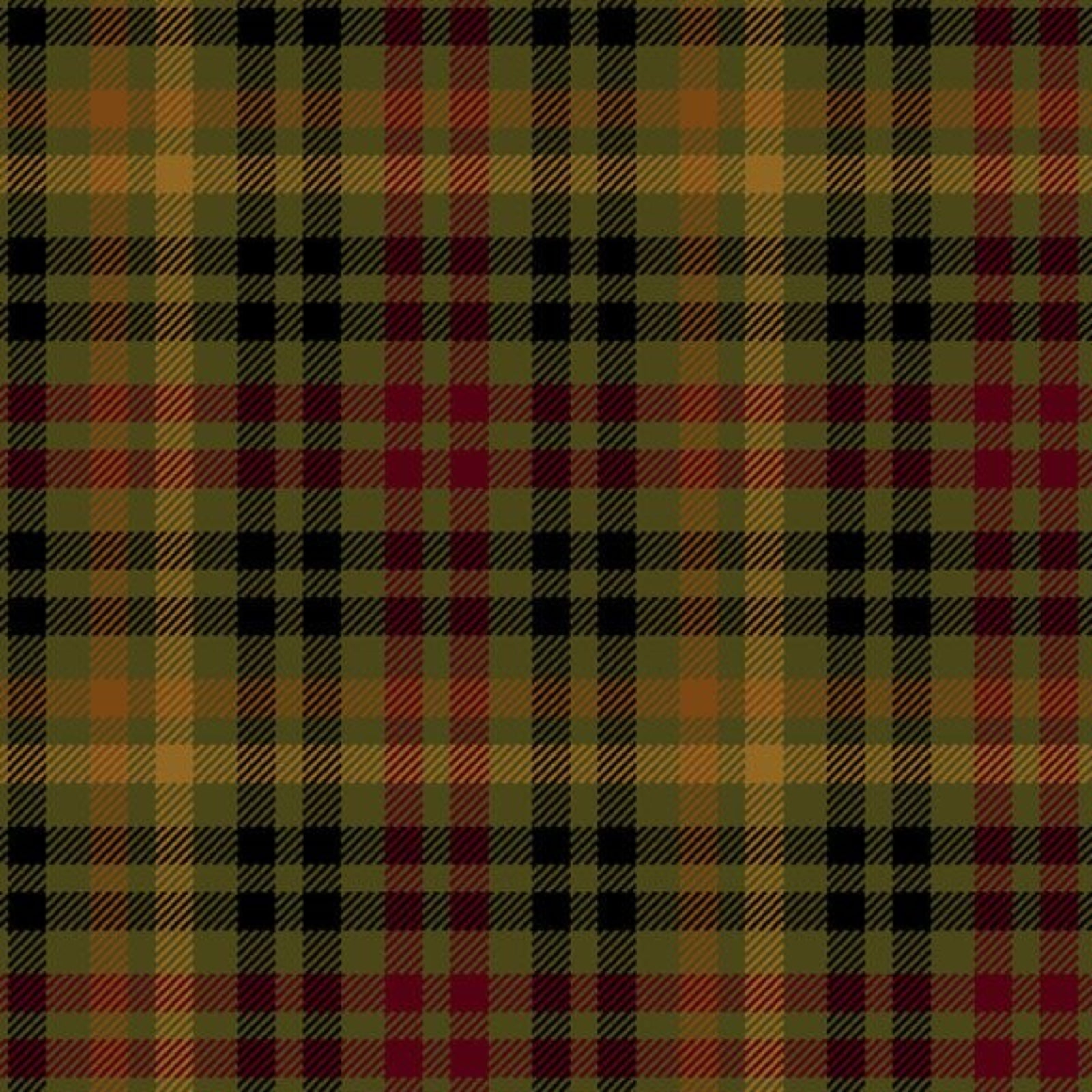 A close-up of a tartan plaid fabric pattern with intersecting vertical and horizontal stripes in olive green, black, rust orange, and deep red.