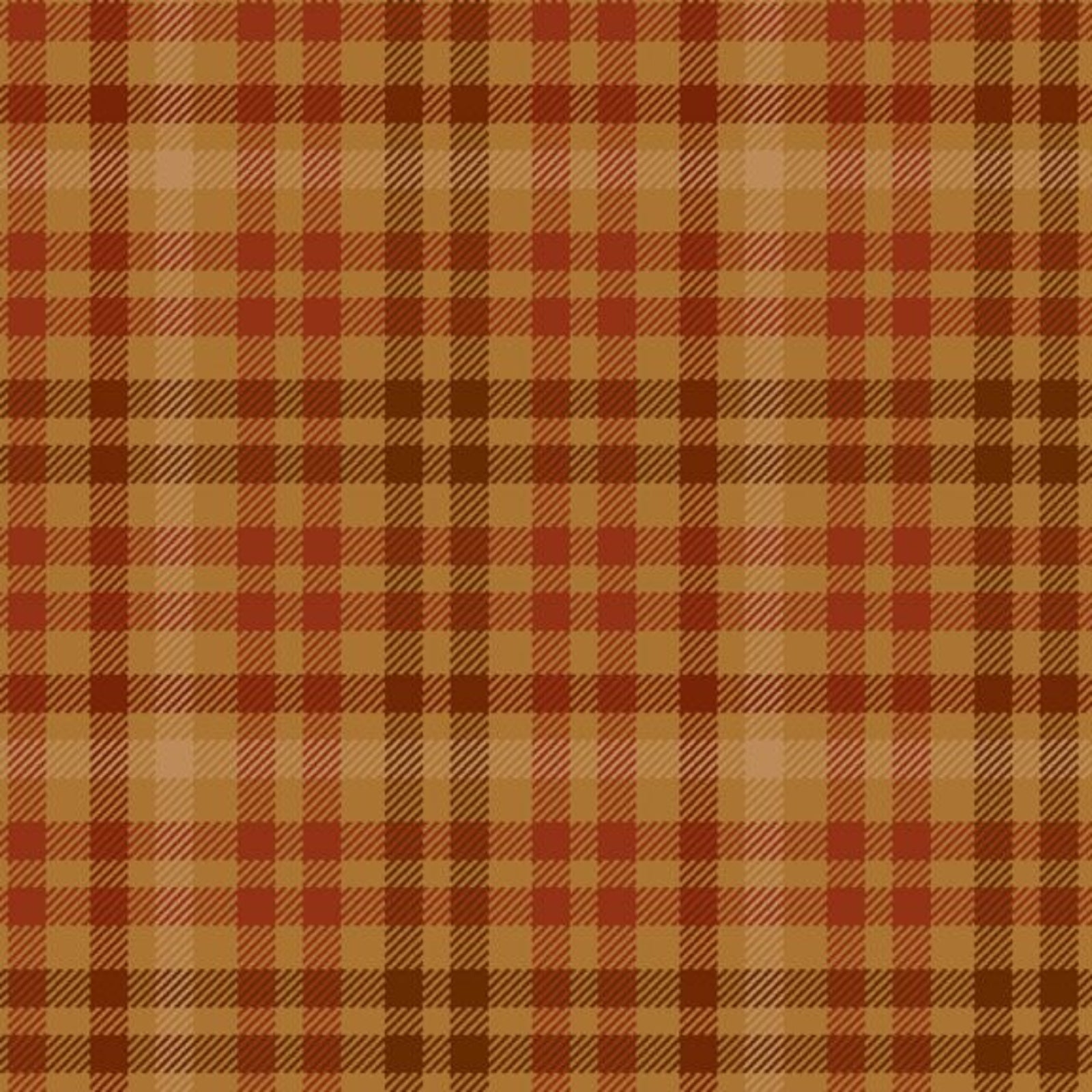 A close-up of a plaid fabric pattern in warm autumn tones, featuring tan, rust red, brown, and beige stripes in a tartan design.