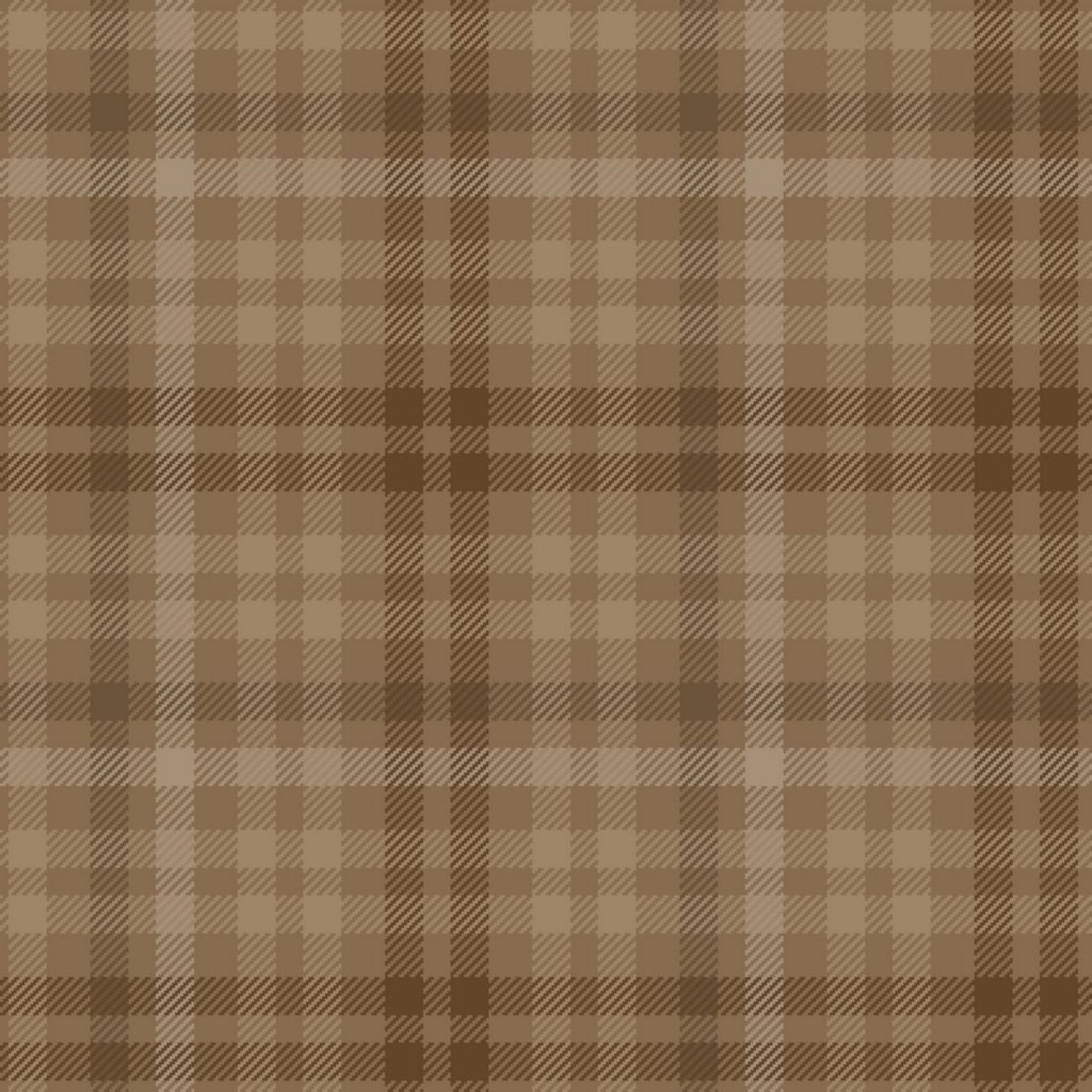 A close-up of a brown and beige plaid fabric pattern with intersecting vertical and horizontal stripes in varying shades of tan, medium brown, and dark brown.