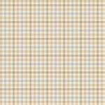 A close-up of a plaid fabric pattern with beige, brown, light blue, and white intersecting stripes.