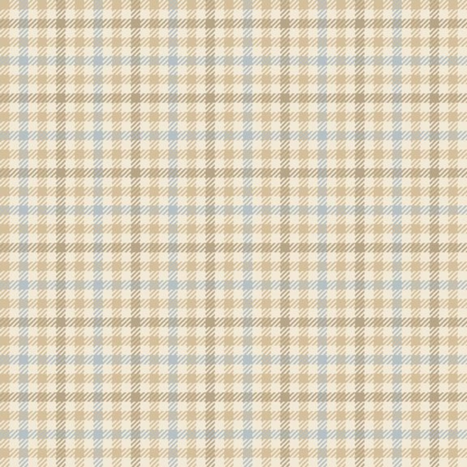 A close-up of a plaid fabric pattern with beige, brown, light blue, and white intersecting stripes.