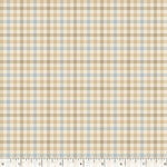 A close-up of a plaid fabric pattern with beige, brown, and light blue intersecting stripes, shown with a ruler at the bottom edge for scale.