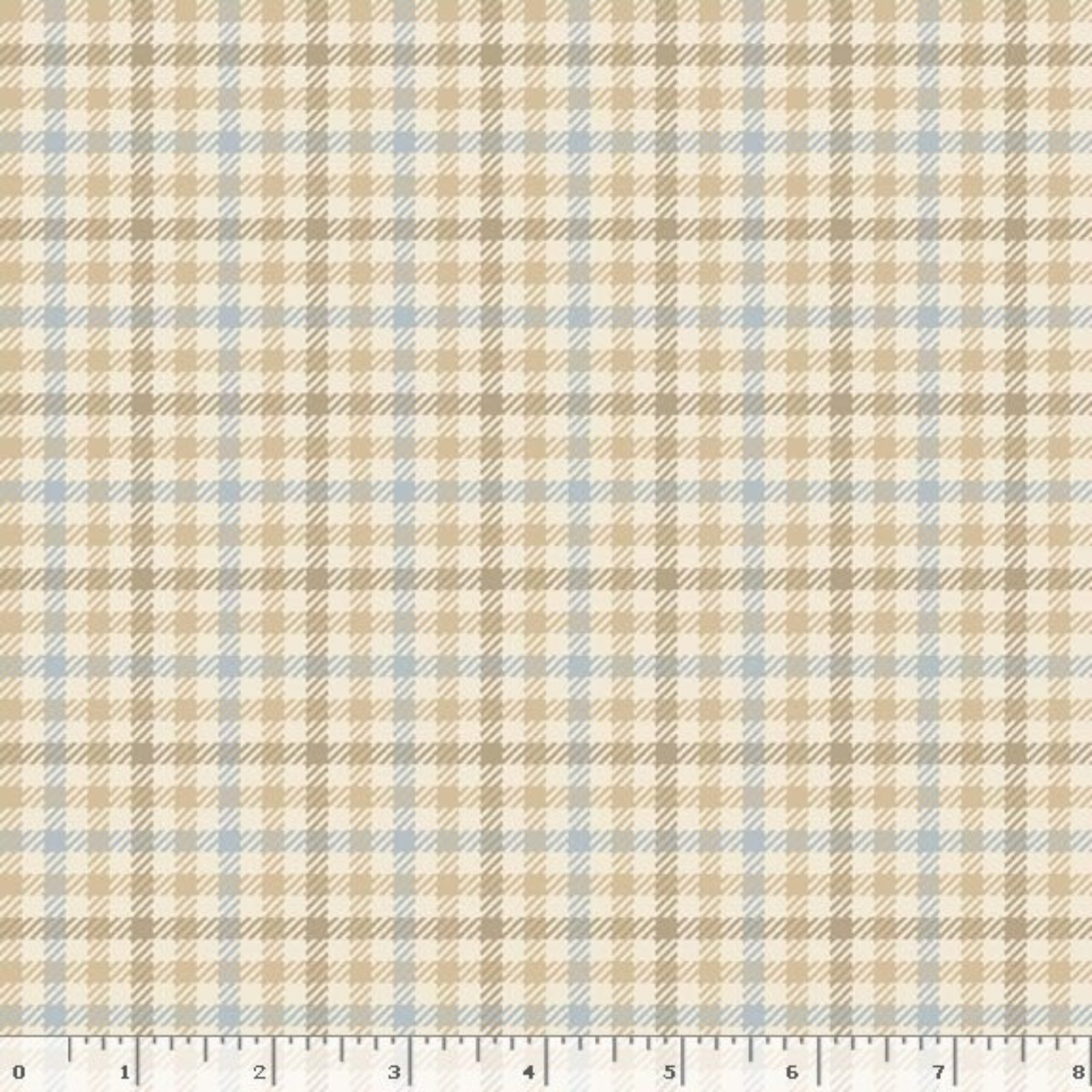 A close-up of a plaid fabric pattern with beige, brown, and light blue intersecting stripes, shown with a ruler at the bottom edge for scale.