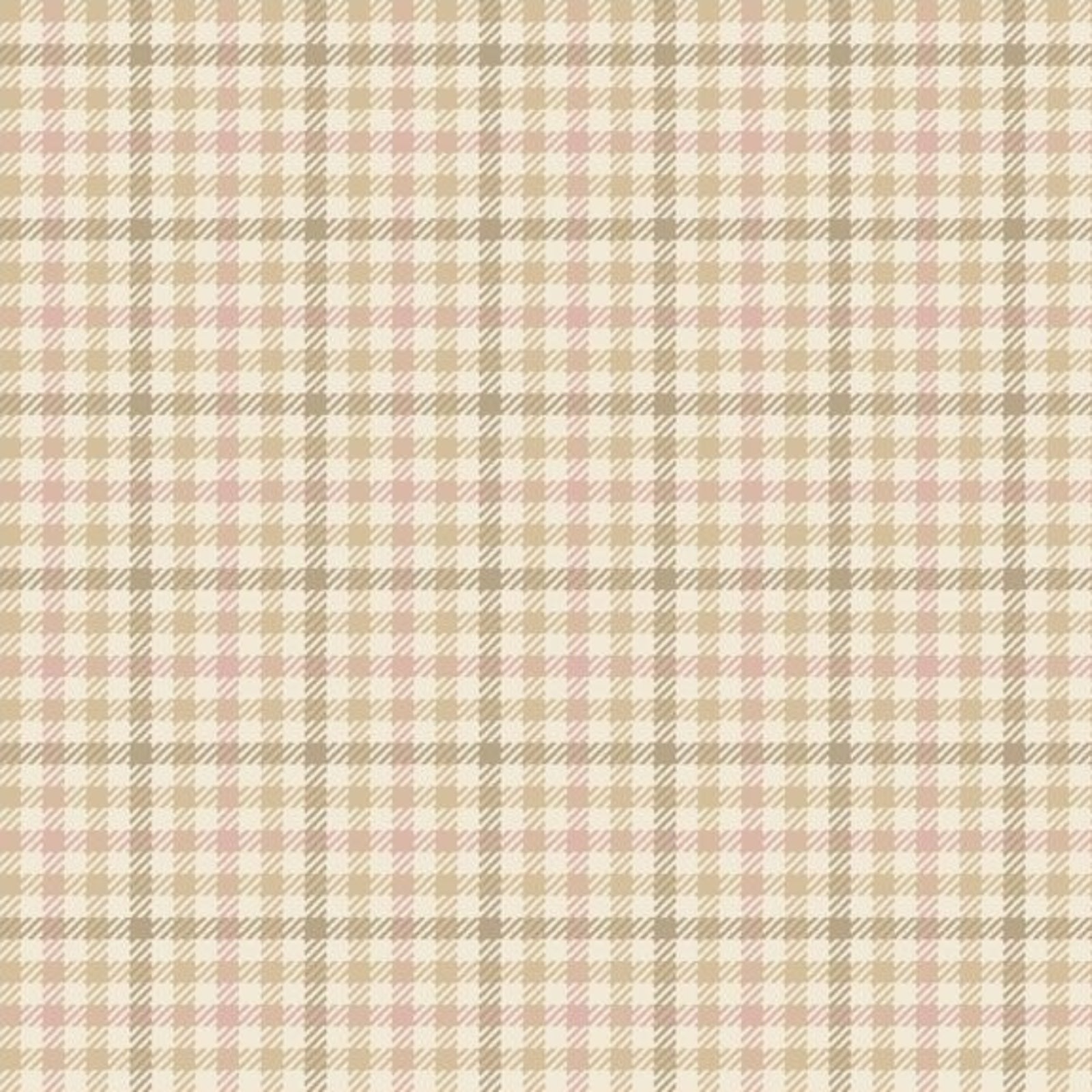 A close-up of a plaid fabric pattern with intersecting beige, light brown, and soft pink lines on a warm off-white background.