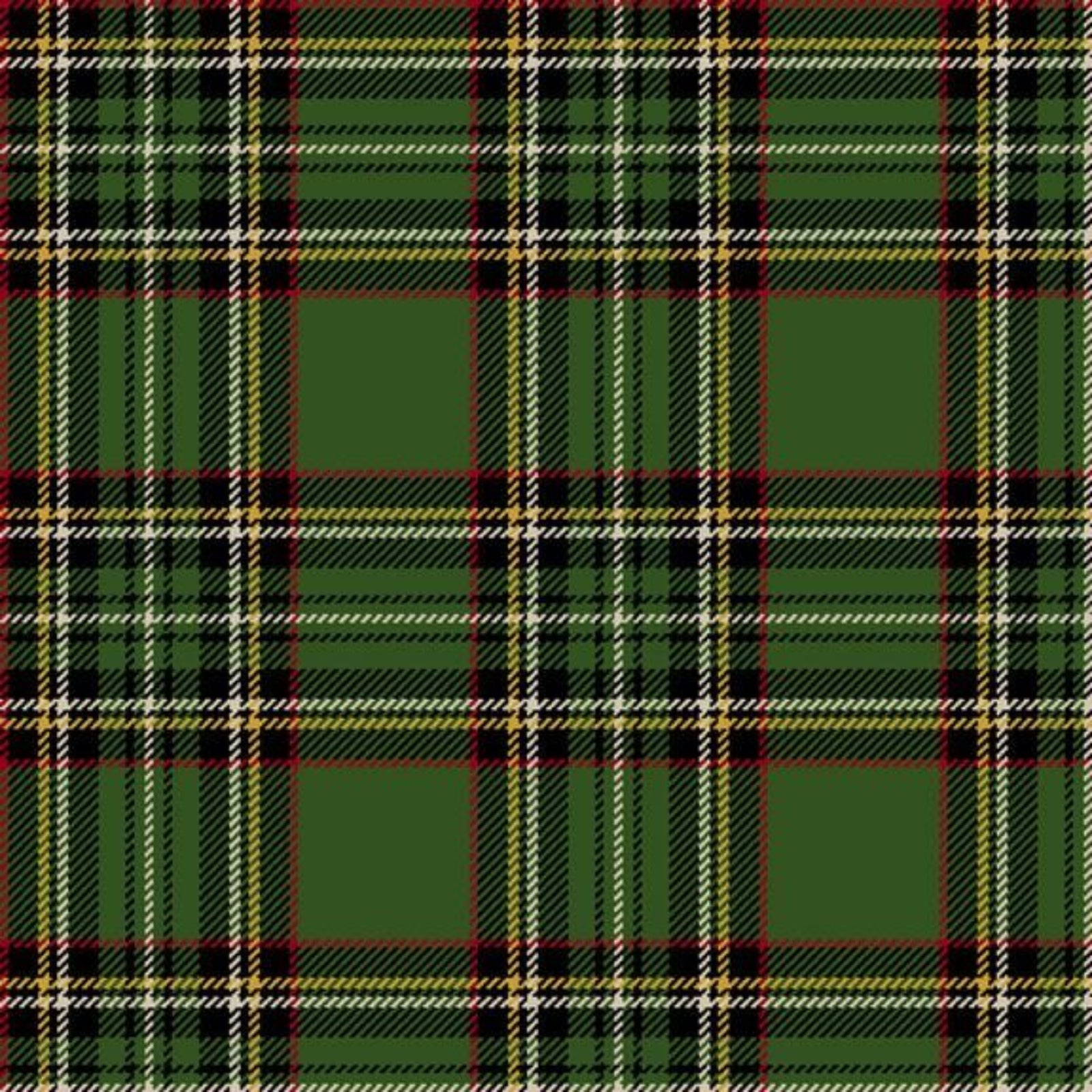 A classic green tartan plaid pattern with intersecting black, red, and beige stripes.