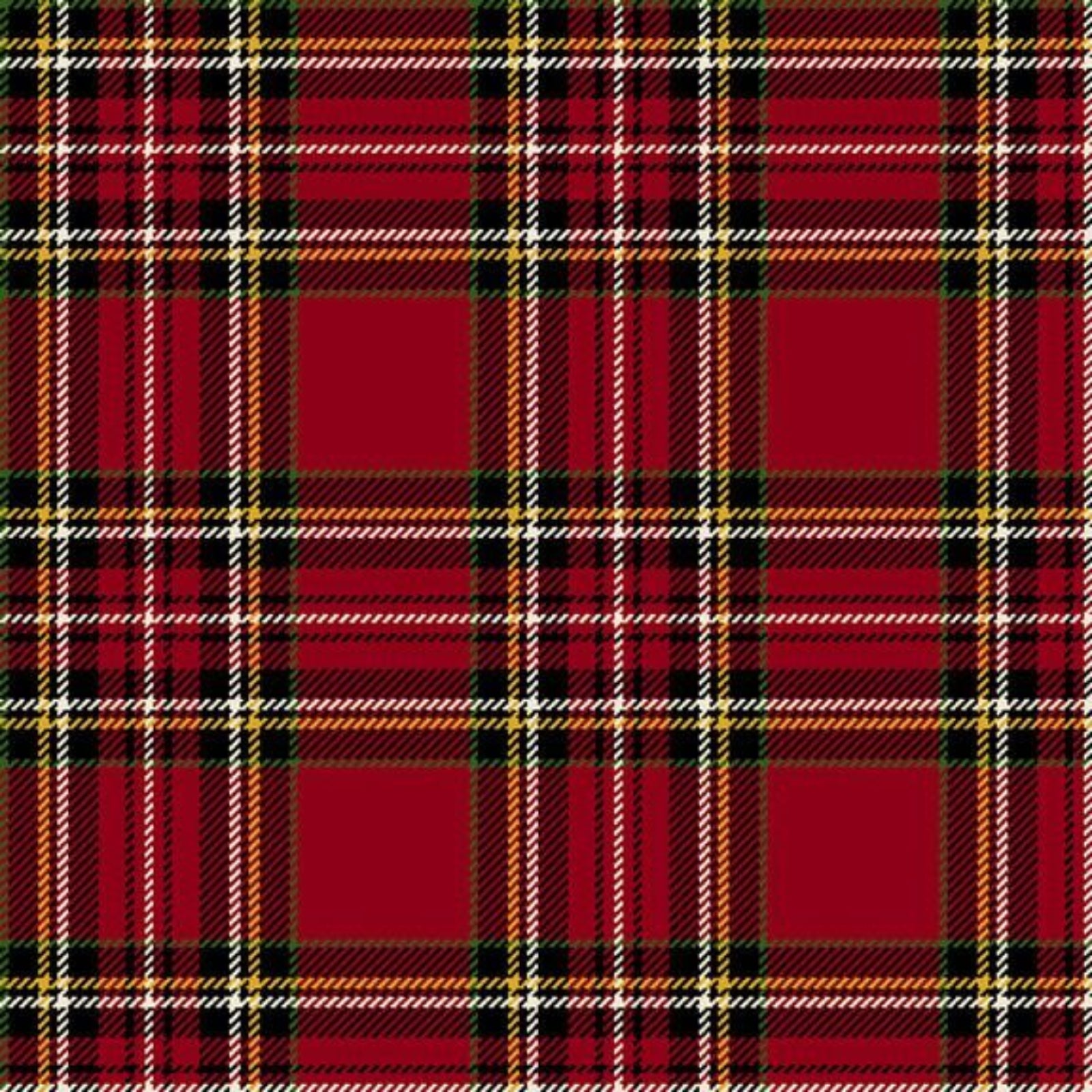 A classic red tartan plaid pattern with black, white, and gold stripes, shown as a seamless fabric texture.