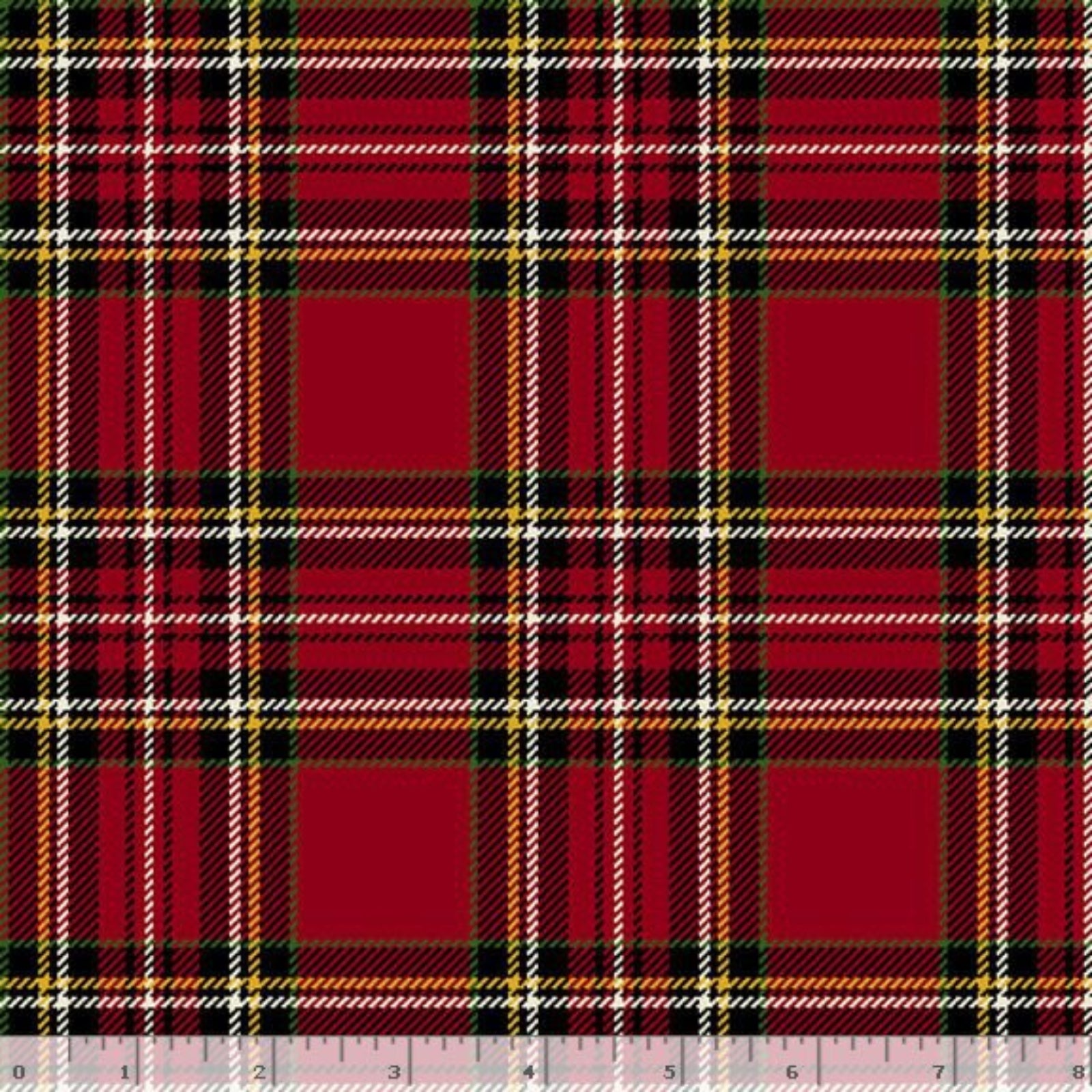A close-up of a red tartan plaid fabric pattern with black, white, and thin gold stripes, shown flat with a ruler along the bottom edge for scale.