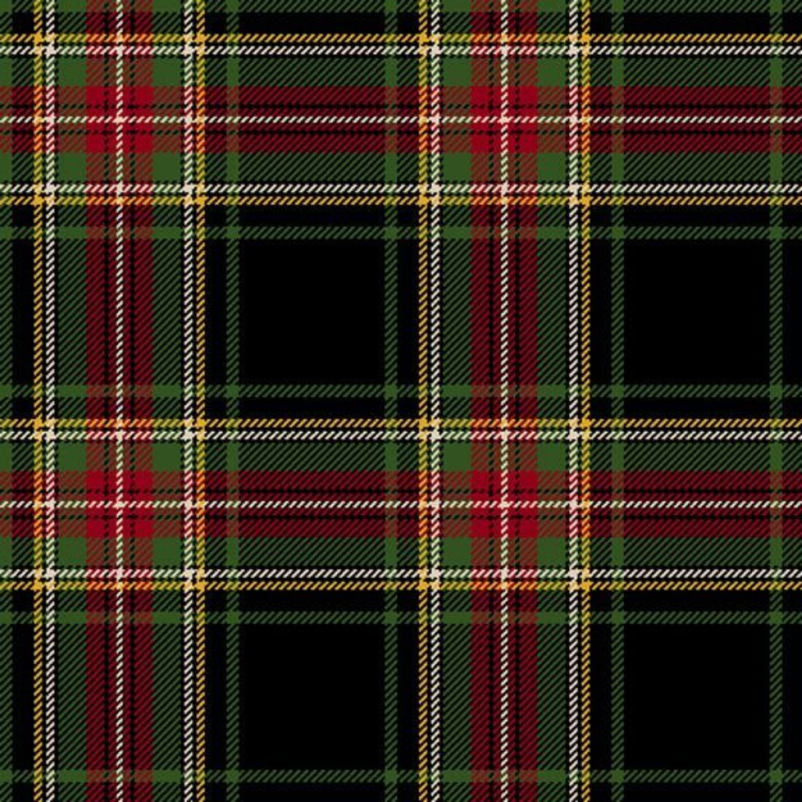 A classic tartan plaid pattern featuring a black base with intersecting green, red, and thin yellow stripes.