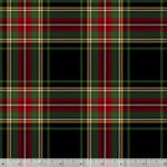A close-up of a tartan plaid fabric pattern with a black base, green and red stripes, and thin yellow and white lines. 