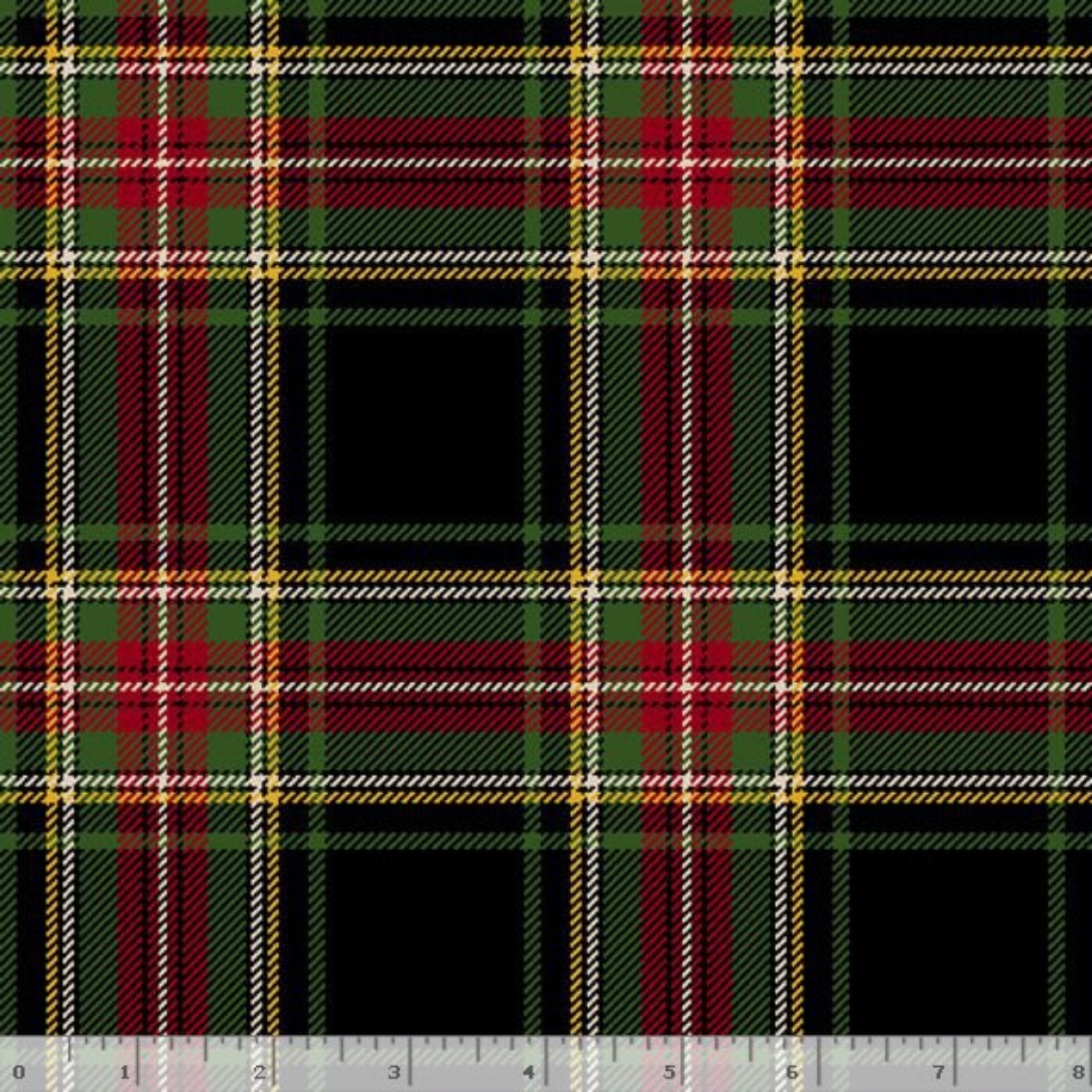 A close-up of a tartan plaid fabric pattern with a black base, green and red stripes, and thin yellow and white lines. 