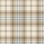 A repeating plaid pattern in warm beige, taupe-brown, light blue, and white, with fine diagonal stripe texture throughout.