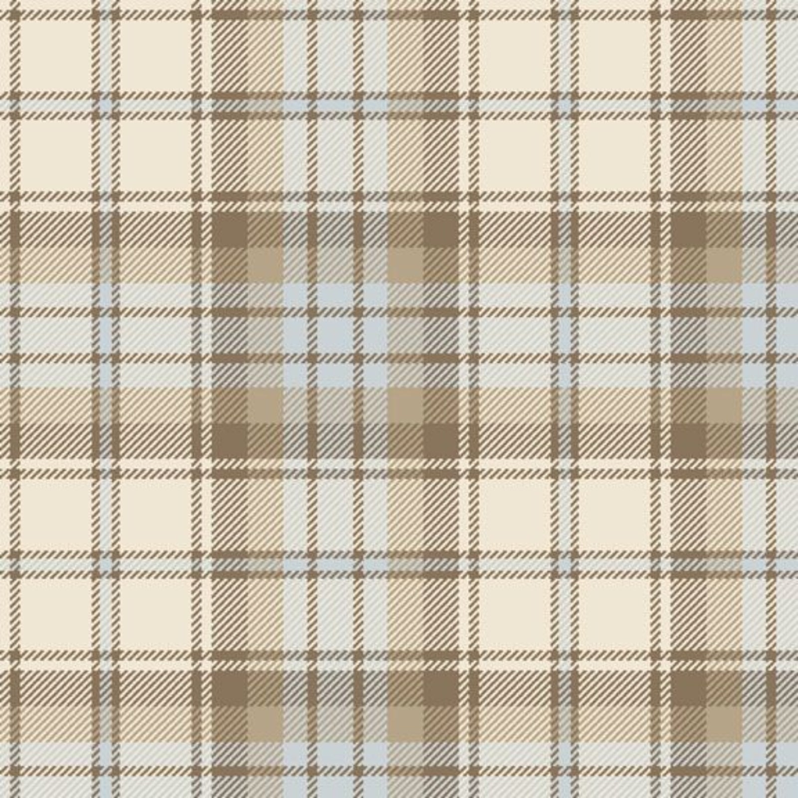 A repeating plaid pattern in warm beige, taupe-brown, light blue, and white, with fine diagonal stripe texture throughout.