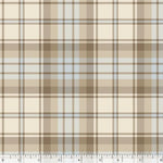 A close-up of a plaid fabric pattern with cream, tan, brown, and light blue stripes, with a ruler scale visible along the bottom edge.