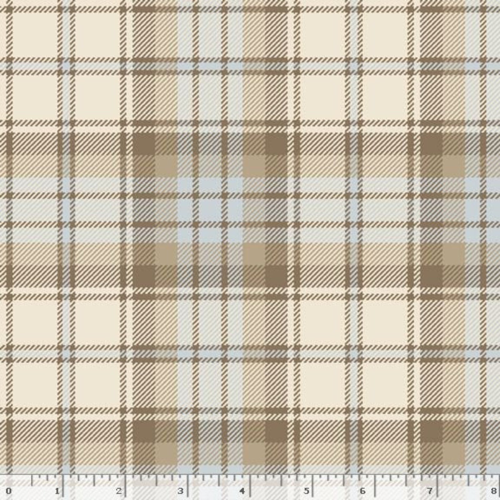 A close-up of a plaid fabric pattern with cream, tan, brown, and light blue stripes, with a ruler scale visible along the bottom edge.