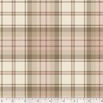 A close-up of a plaid fabric pattern with cream, dusty pink, taupe, and brown stripes, with a ruler scale visible along the bottom edge.