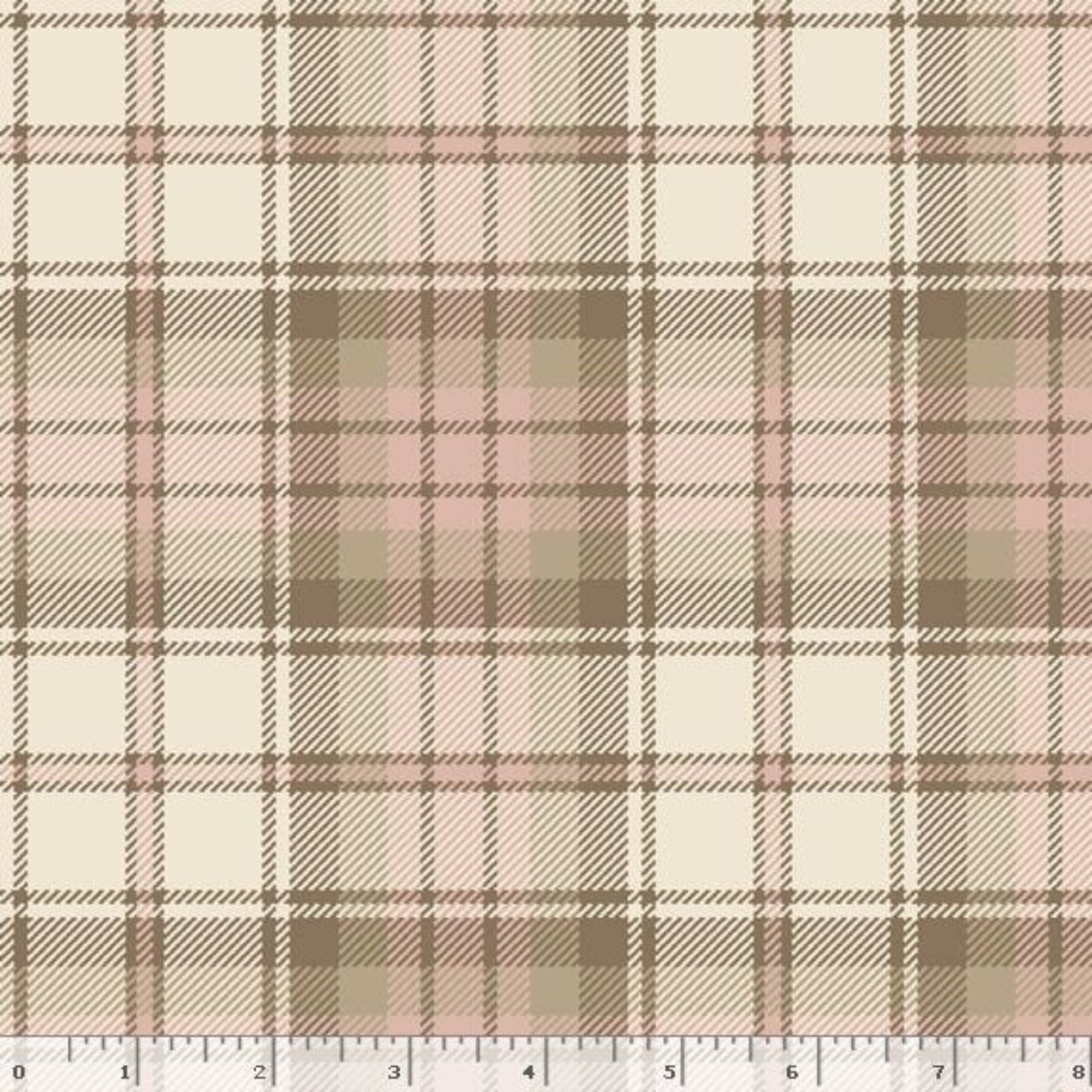 A close-up of a plaid fabric pattern with cream, dusty pink, taupe, and brown stripes, with a ruler scale visible along the bottom edge.