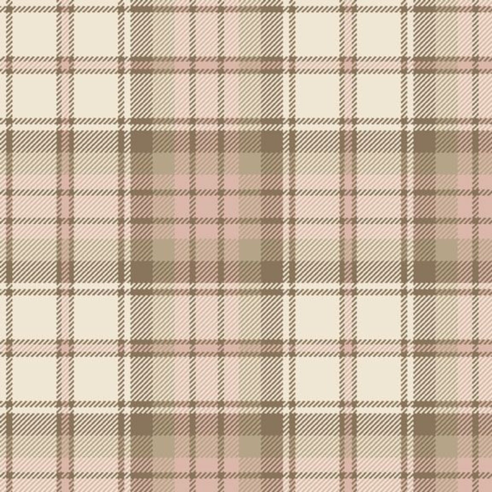 A repeating plaid pattern in soft beige, blush pink, taupe-brown, and off-white, with fine diagonal stripe details forming the plaid design.