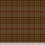 A close-up of a brown plaid fabric pattern with black and red stripes, featuring a white ruler scale at the bottom edge.