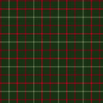 A close-up of a tartan plaid fabric pattern with a dark green base, red intersecting stripes