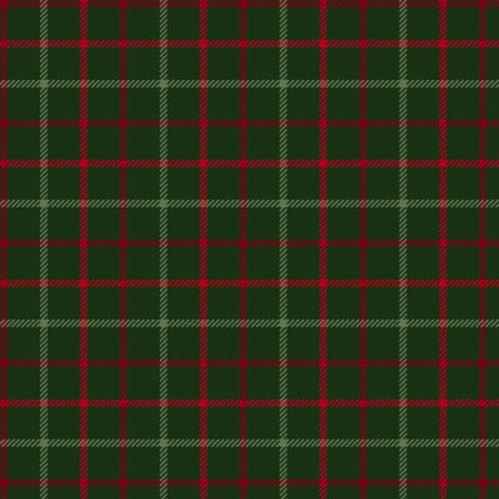 A close-up of a tartan plaid fabric pattern with a dark green base, red intersecting stripes