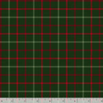 A close-up of a plaid fabric pattern with a dark green base, red and light green intersecting stripes, and a ruler scale visible along the bottom edge.