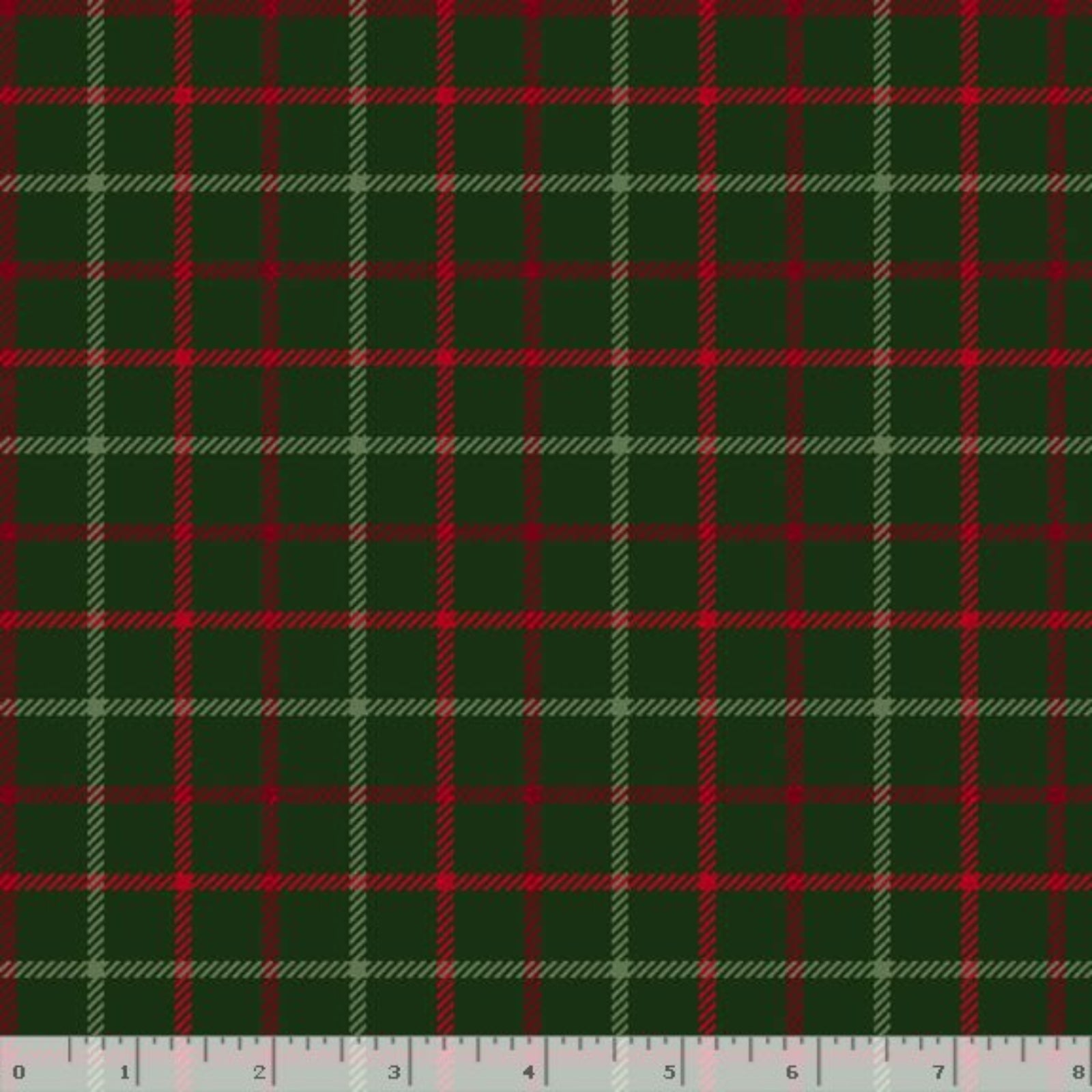 A close-up of a plaid fabric pattern with a dark green base, red and light green intersecting stripes, and a ruler scale visible along the bottom edge.