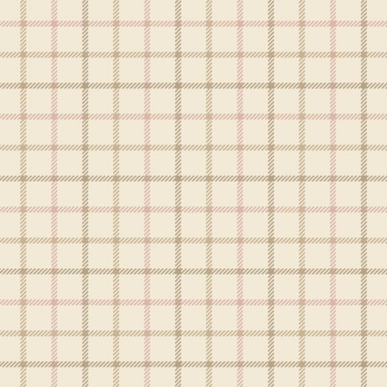 A close-up of a plaid fabric pattern with a cream background and intersecting lines in taupe, light brown, and soft pink.